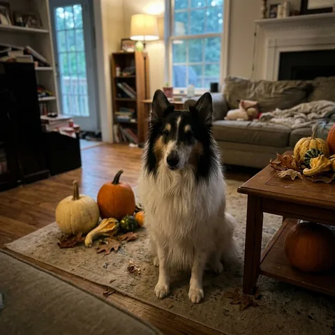 Kundenfoto: Ein Australian Shepherd sitzt vor Herbstdekoration.