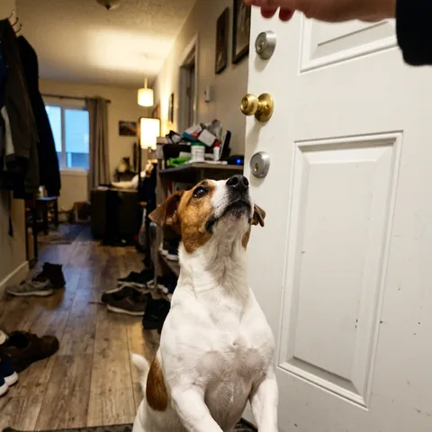 Kundenfoto: Ein weiß-brauner Terrier sitzt vor der Wohnungstür.