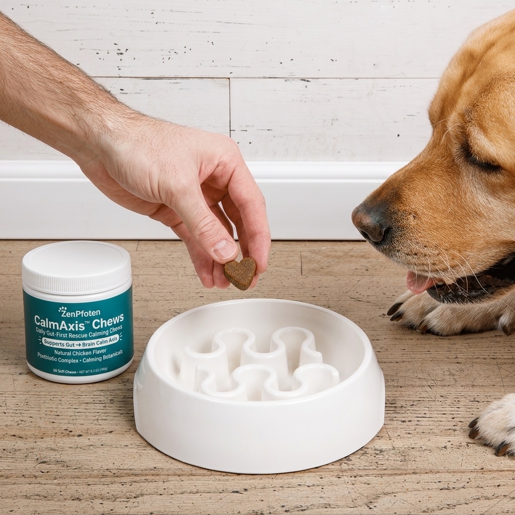 Ein CalmAxis Herz-Chew wird einem Hund in den Napf gegeben