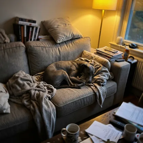Kundenfoto: Ein grauer Windhund liegt zusammengerollt auf dem Sofa.
