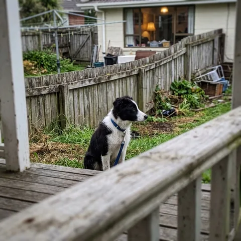 Kundenfoto: Ein junger Border Collie sitzt im Garten.