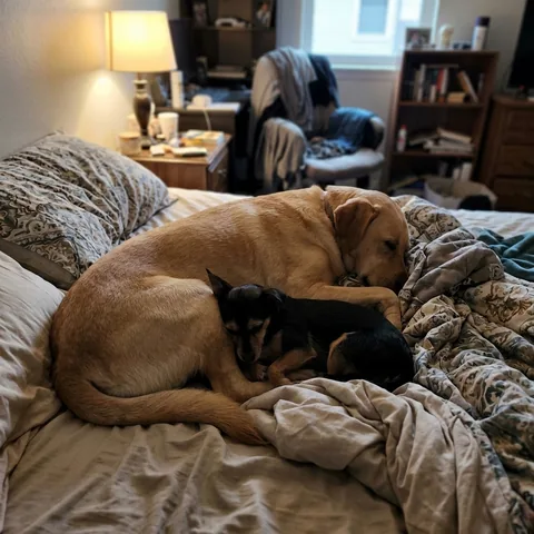Kundenfoto: Zwei Hunde liegen zusammengekuschelt auf einem Bett.