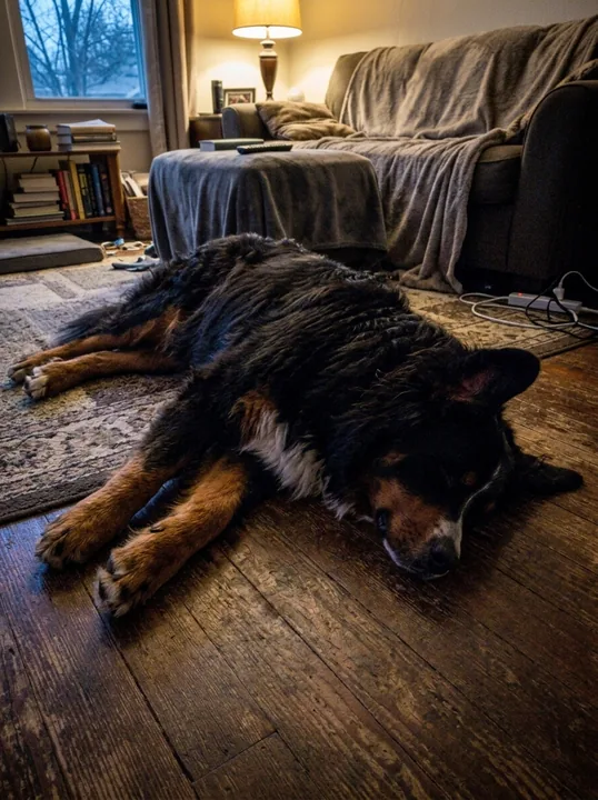 Kundenfoto: ein großer Hund schläft tief auf dem Holzboden.