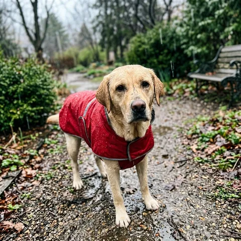 Kundenfoto: Ein Labrador mit Hundemantel steht bei Regen draußen.